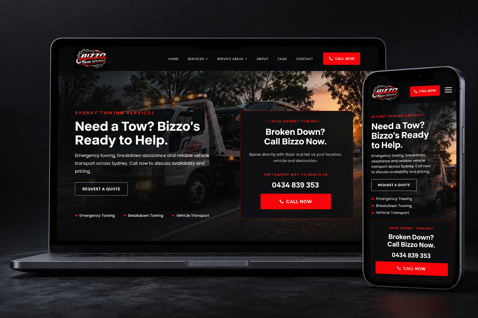 Bizzo Towing Services website homepage showing towing services and prominent call options