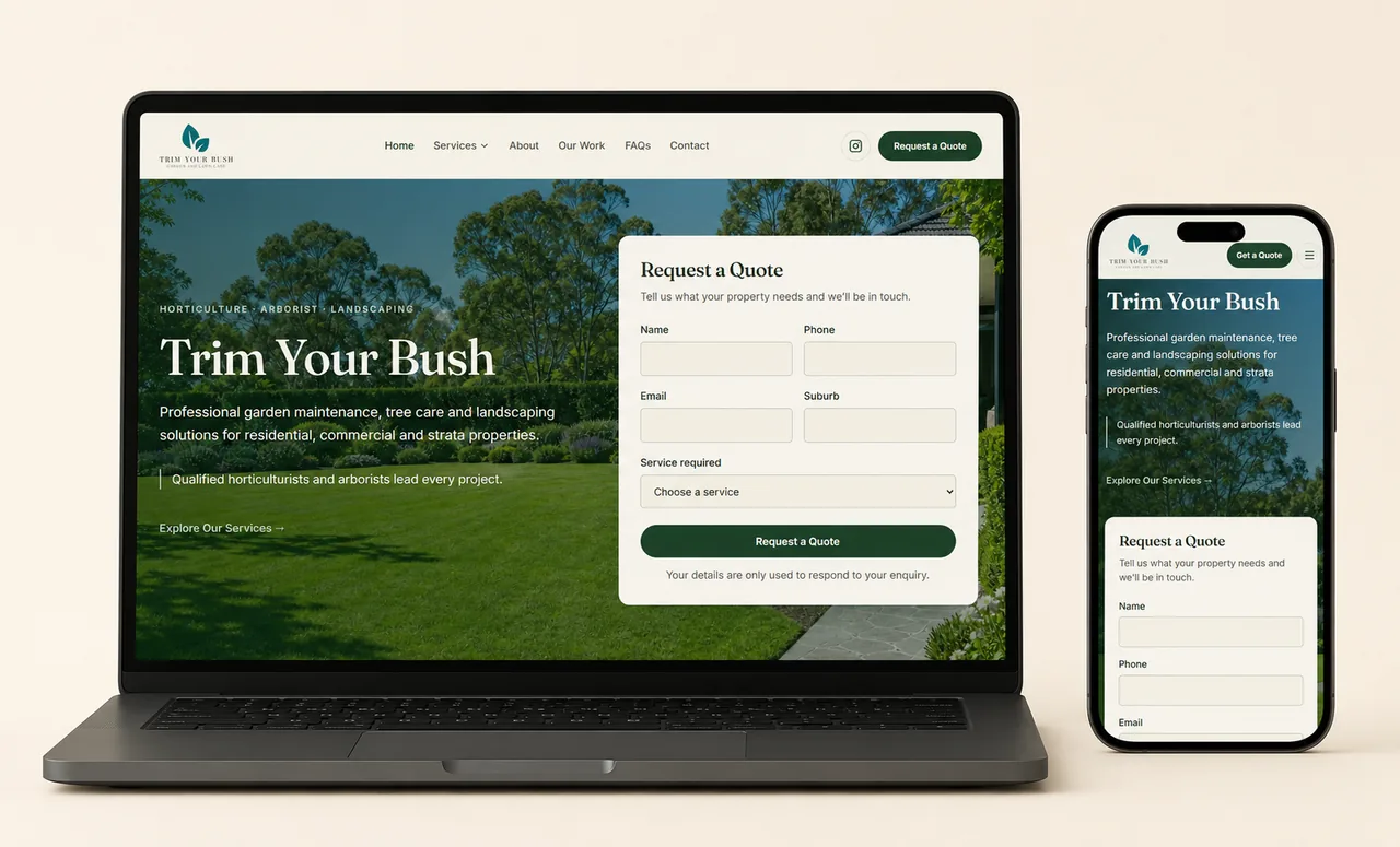 Trim Your Bush responsive website displayed on laptop and mobile