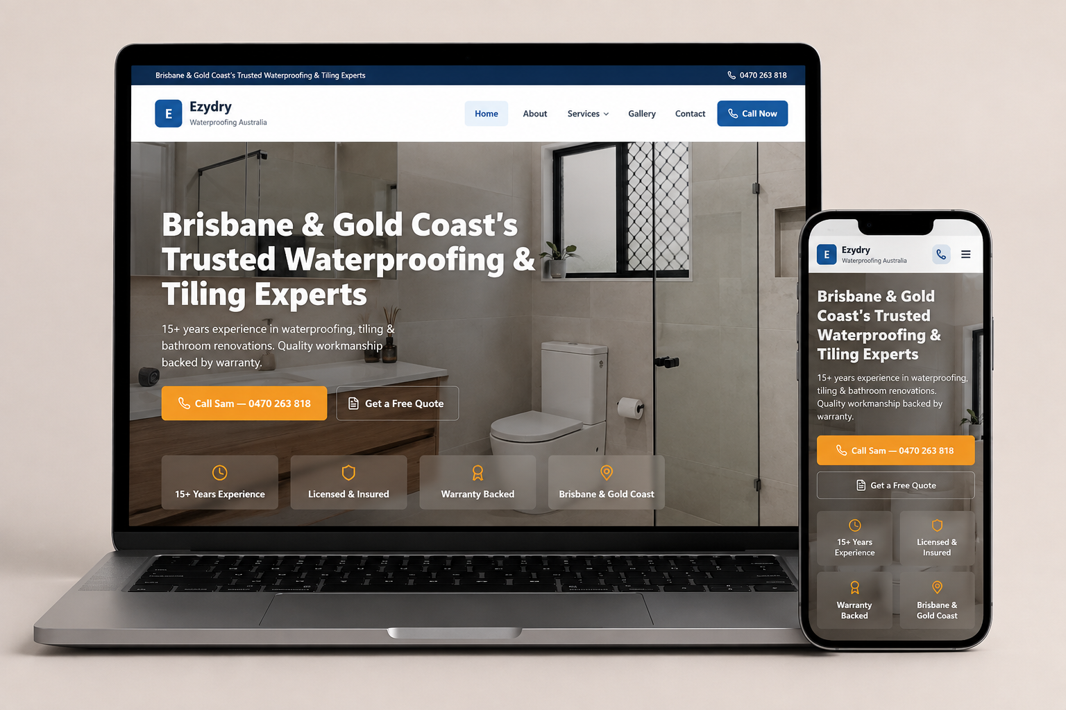 Ezydry Waterproofing website shown on a laptop and phone