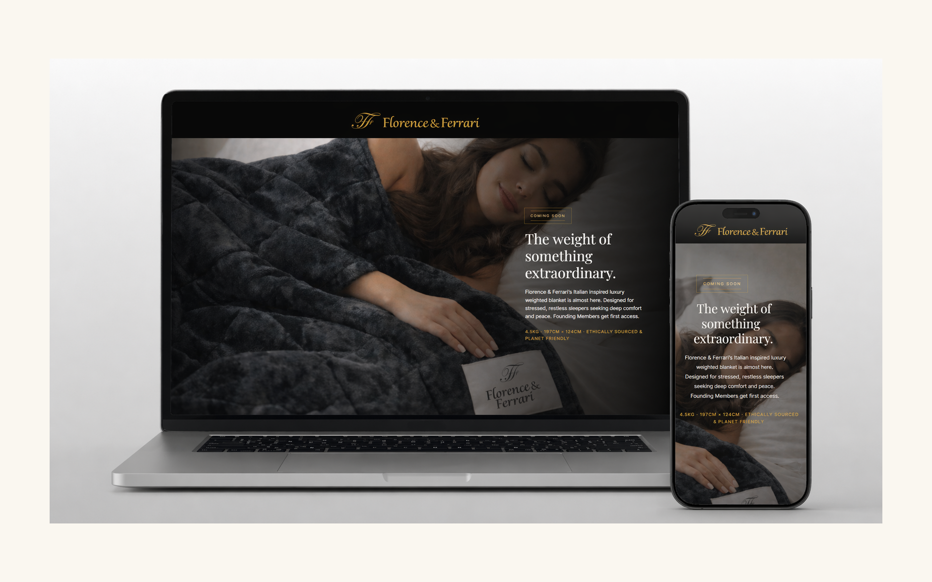 Florence & Ferrari pre-launch waitlist landing page shown on a laptop and mobile phone