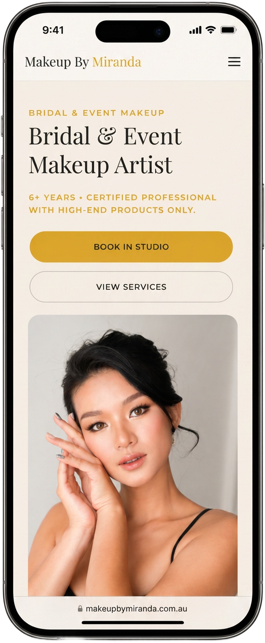 Makeup By Miranda website shown on a mobile phone
