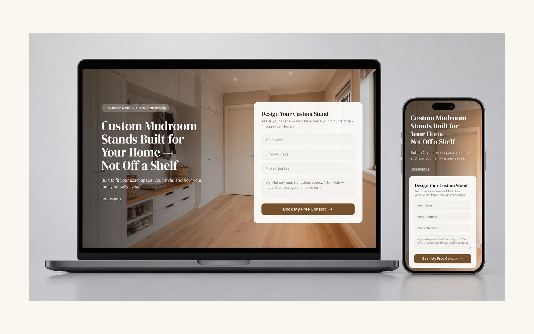 Whitewood custom mudrooms landing page shown on a laptop and mobile phone