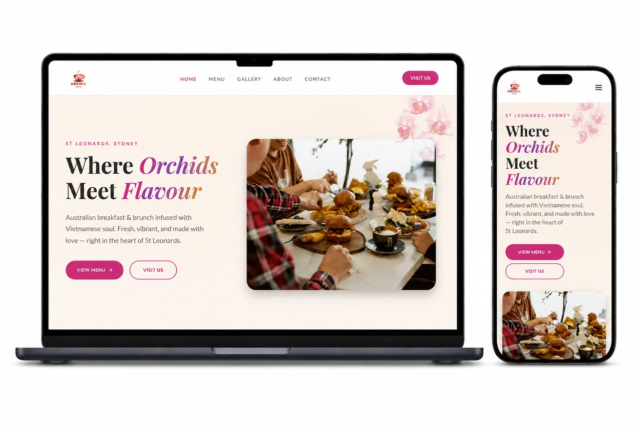 Orchid Cafe website shown full width on a desktop screen