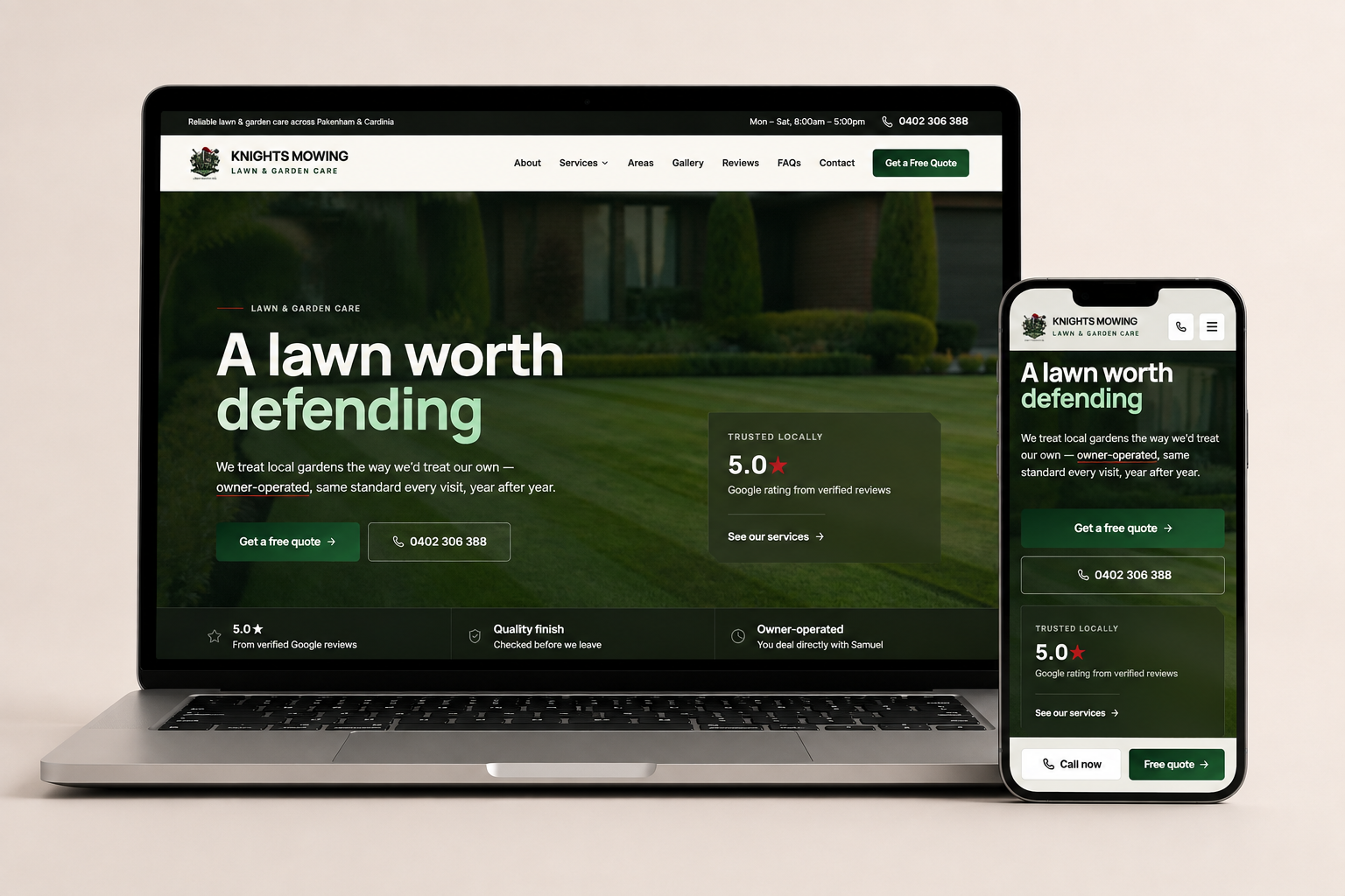 Knights Mowing website shown on a laptop and mobile phone