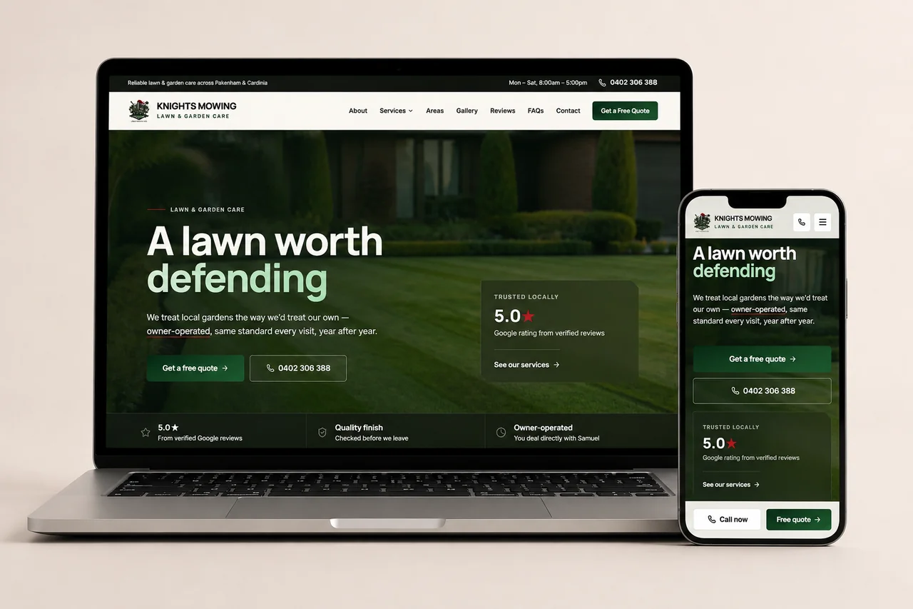 Knights Mowing website shown on a laptop and mobile phone