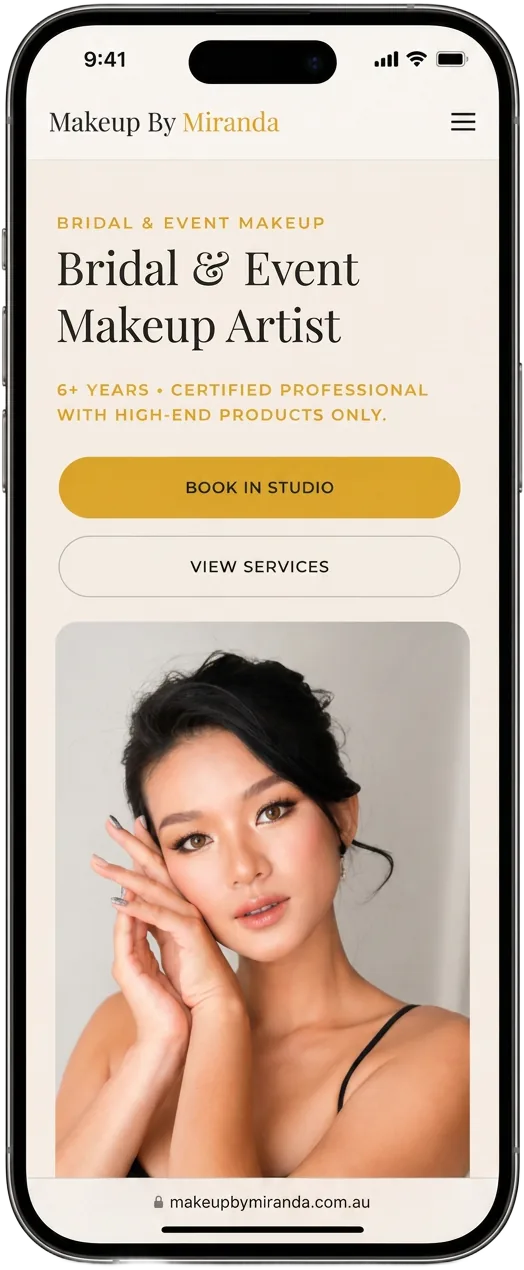Makeup By Miranda website shown on a mobile phone