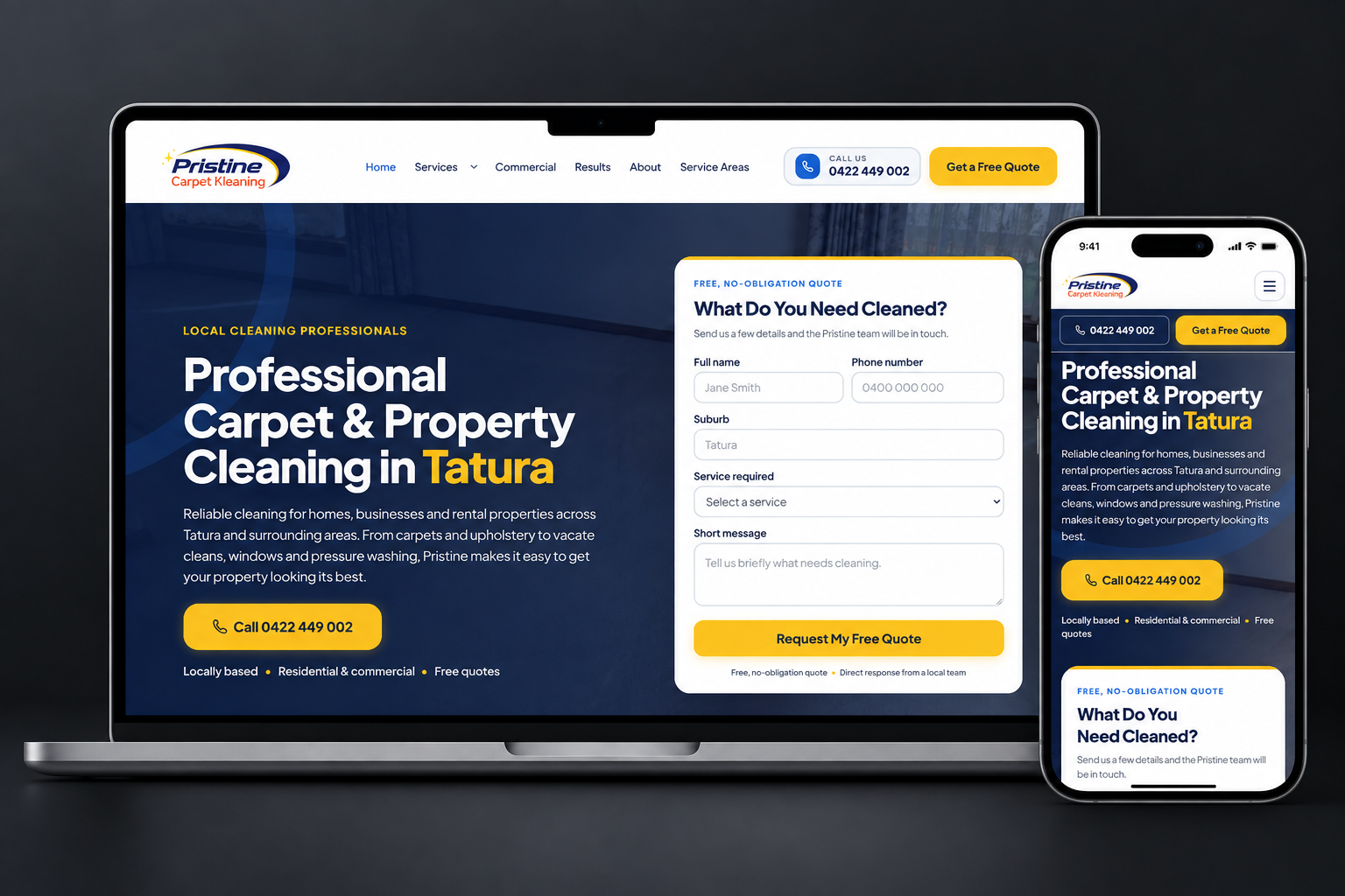 Desktop and mobile website presentation for Pristine Carpet Kleaning