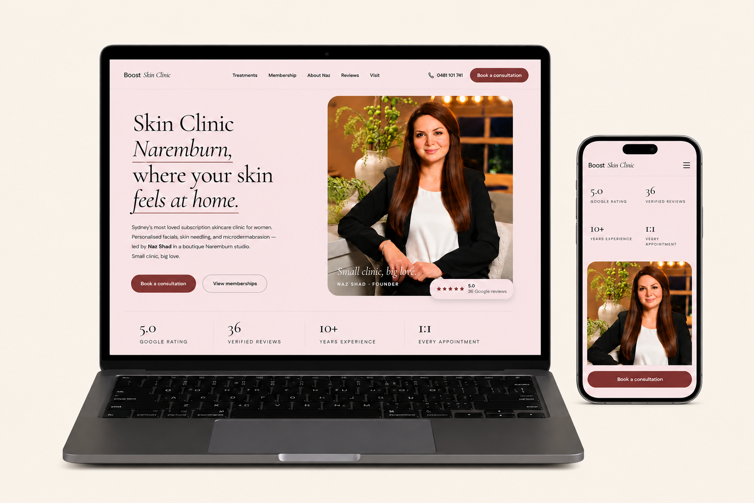 Boost Skin Clinic website shown on a laptop and mobile phone
