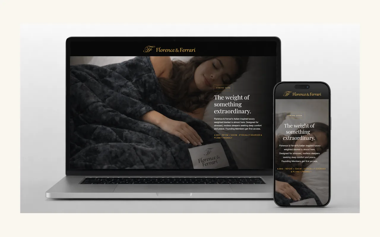 Florence & Ferrari pre-launch waitlist landing page shown on a laptop and mobile phone